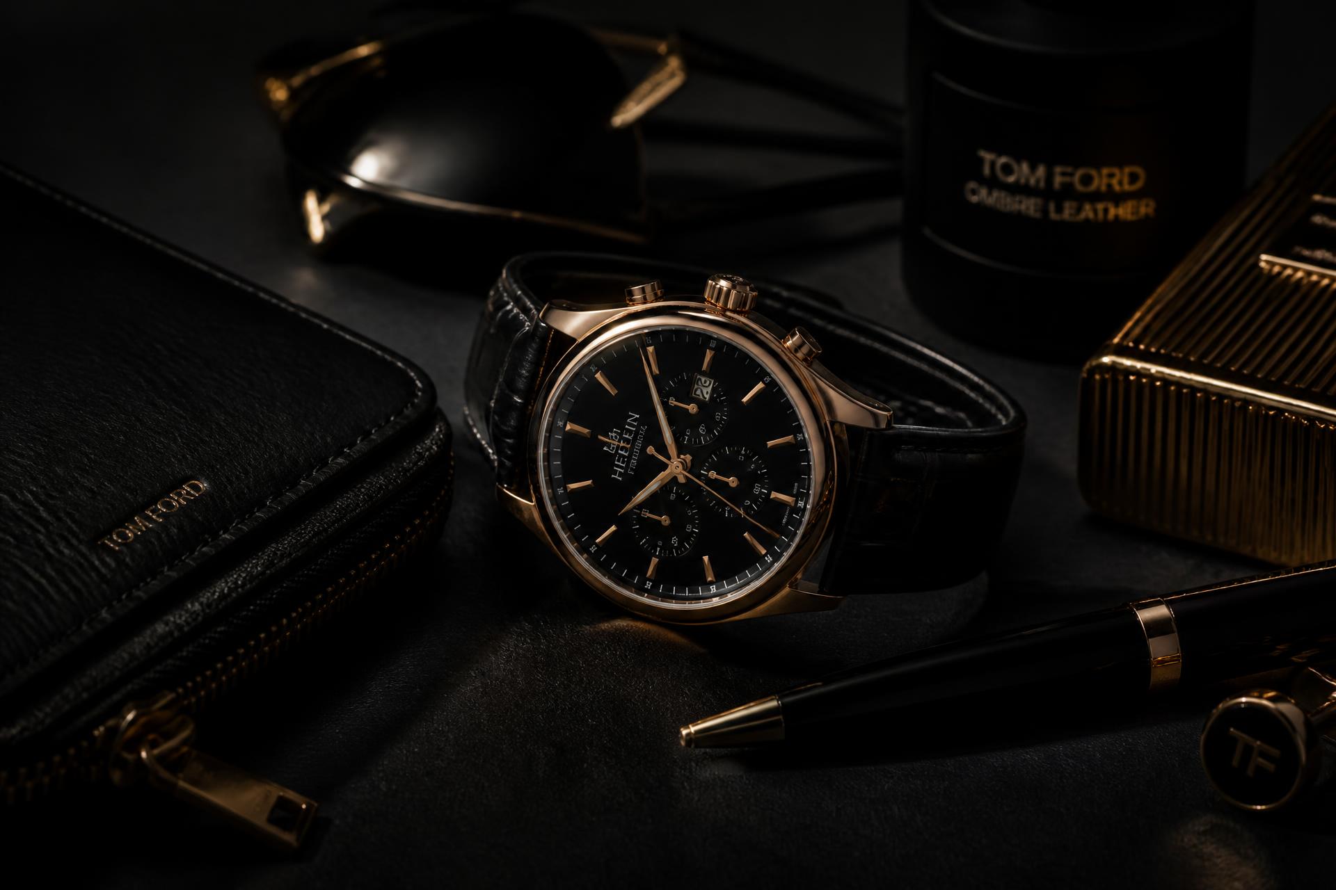 Luxury wristwatch with leather accessories in editorial lighting